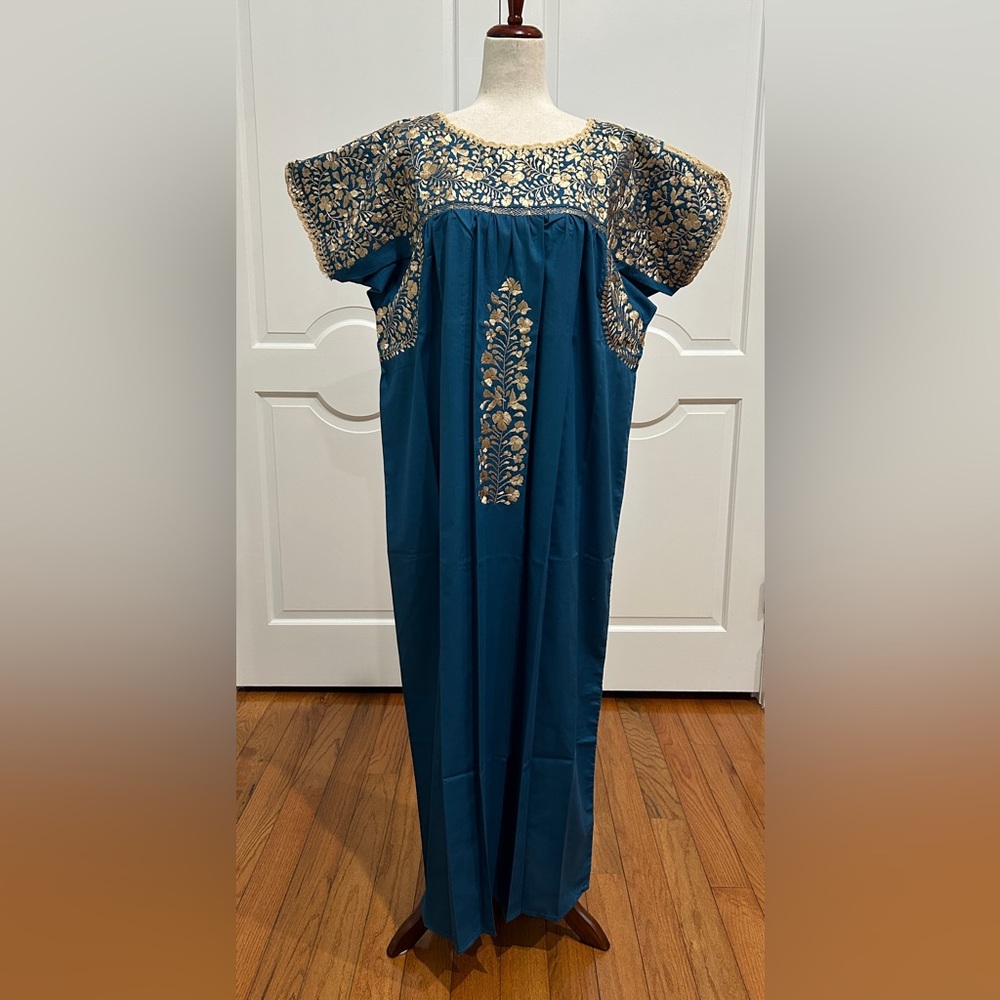 XL San Antonino Maxi Dress,Oax,Mexican dress Hand Embroidered with Silk threads.